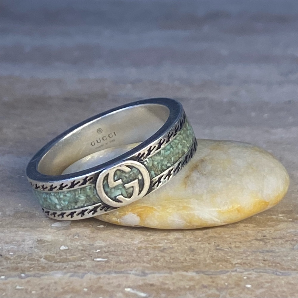 Enameled Turquoise Inlay & Silver Gucci Ring - Size 10